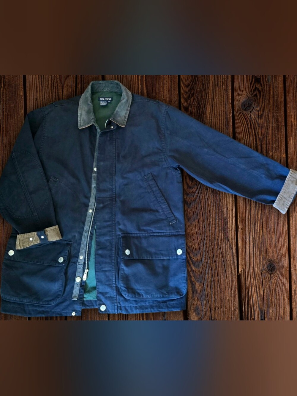Vintage 80s 90s Nautica Navy Blue Barn Jacket Coat with Leather Collar - sz L